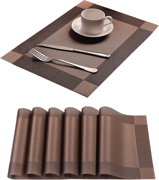 Table Placemats Dining Table Place Mats Set of 6 Heat Resistant Insulation Non-Slip Vinyl for Kitchen Dining Room 18" * 12" Brown