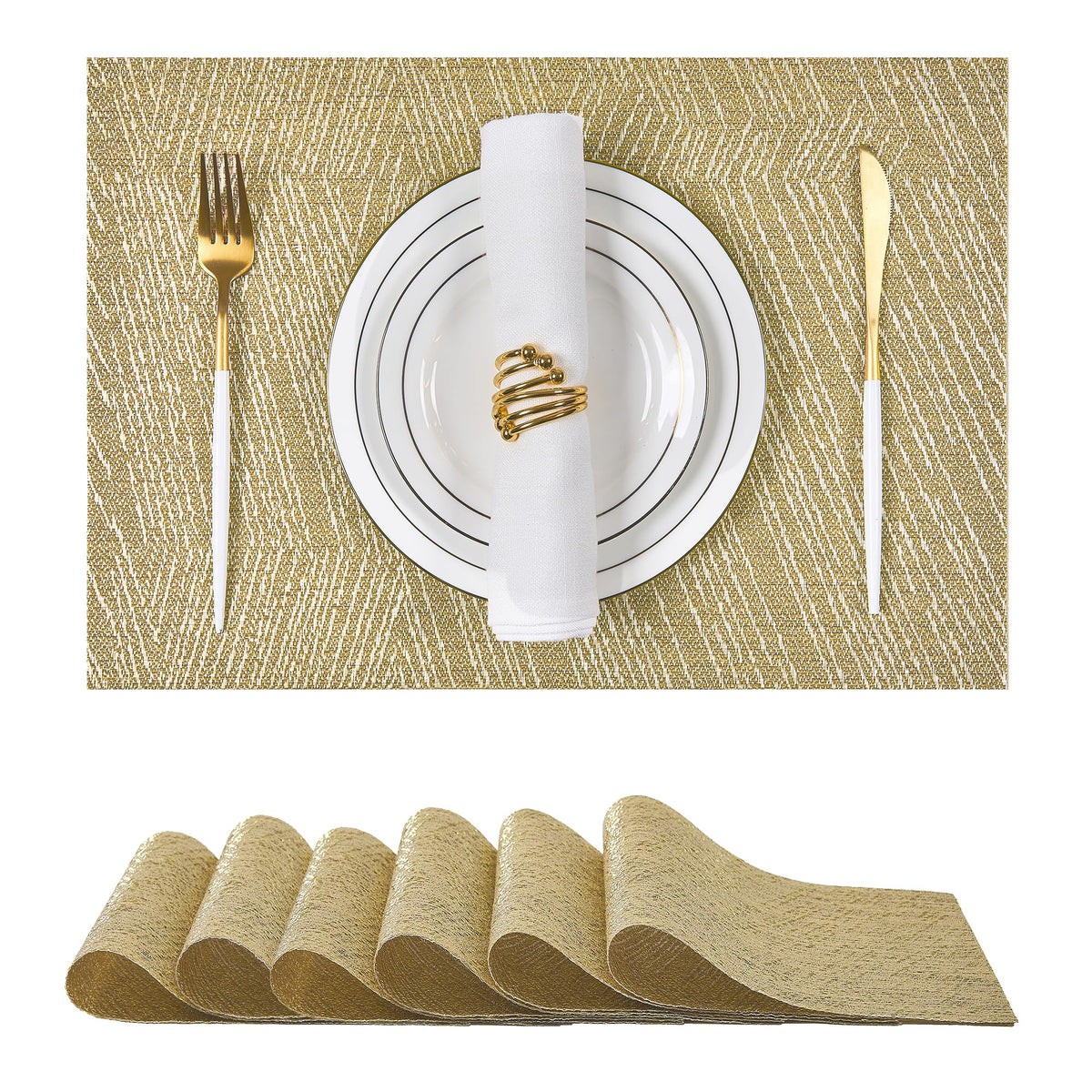 Woven Vinyl Beige Placemats Set of 12, Linen Look & Easy to Clean
