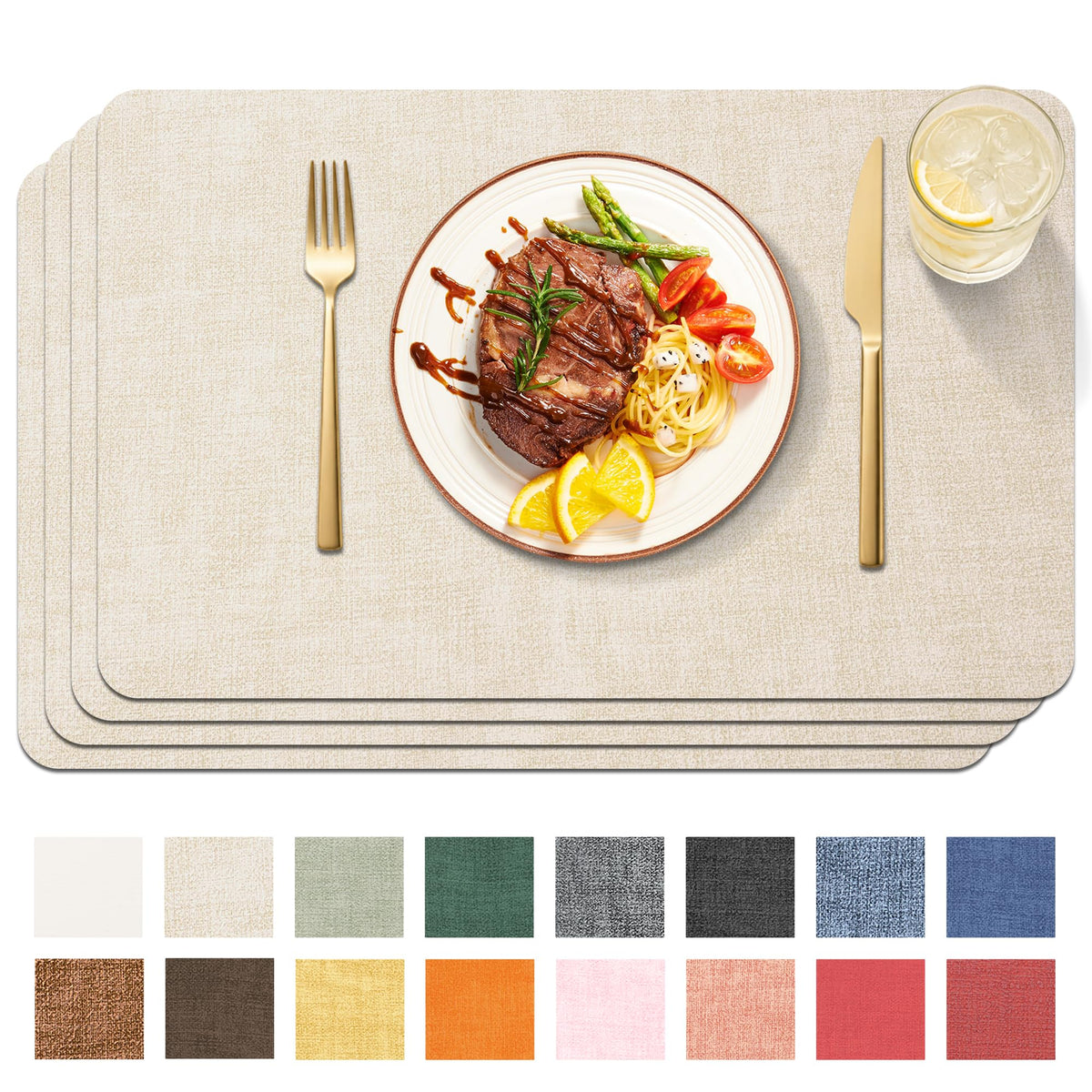 Maxpearl Faux Leather Placemats Set of 6 - Waterproof - Wipe Clean - Heat Resistant - Anti Slip Dining Table Place Mats, Suitable for Indoor & Outdoor Use, 17’’x12’’, Ivory White