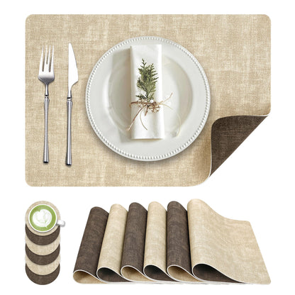 Fyvva Placemats Set of 4, 13" Round Reversible Faux Leather with Coasters