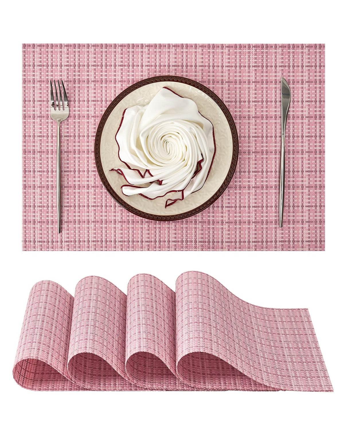 Woven Vinyl Beige Placemats Set of 12, Linen Look & Easy to Clean