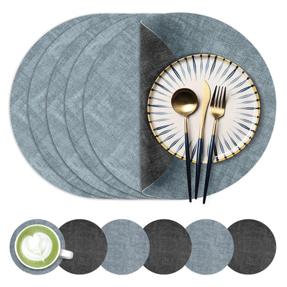 Fyvva Placemats Set of 4, 13" Round Reversible Faux Leather with Coasters