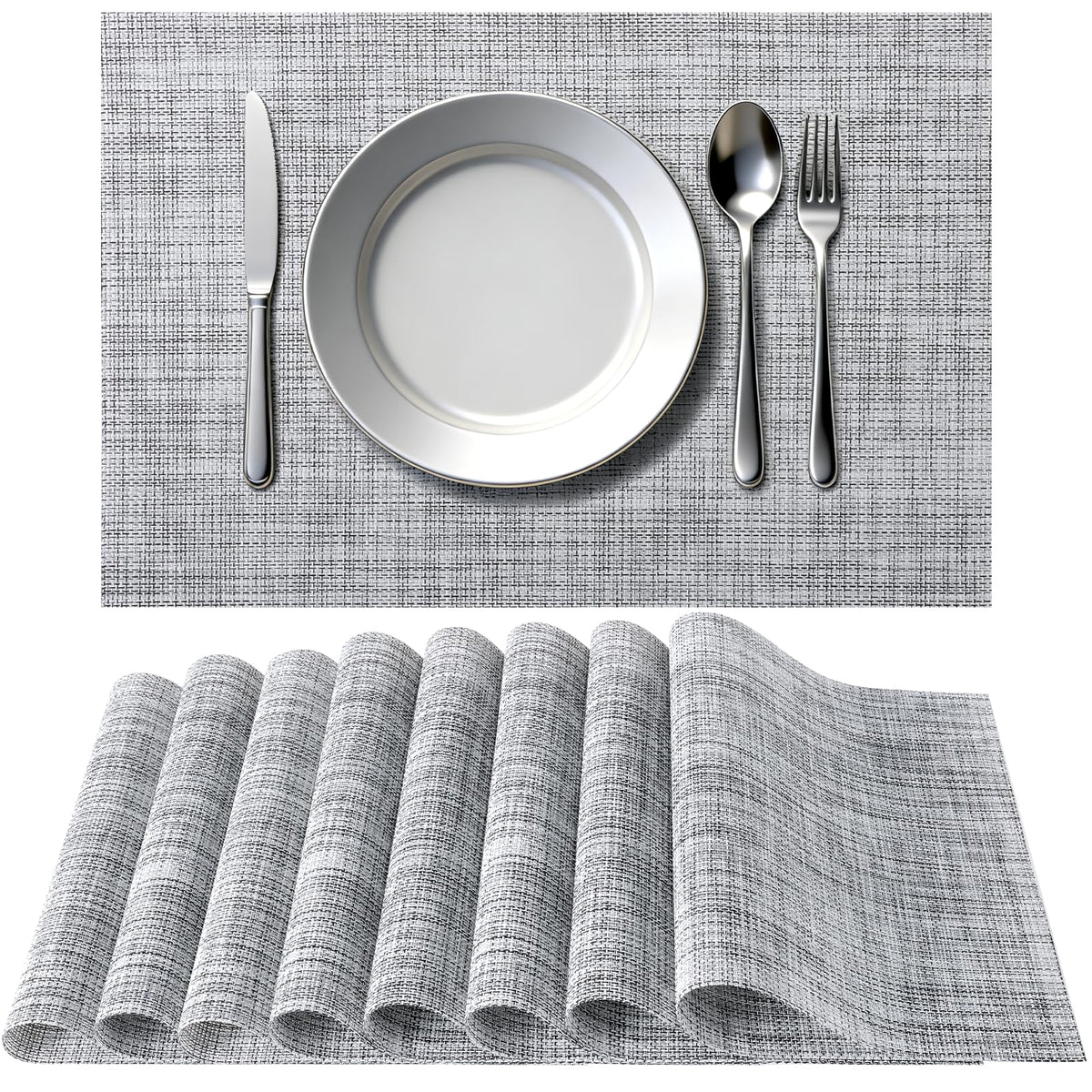 Timeet Placemats Set of 6, Heat Resistant Non-Slip Place Mats for Dining Table, Durable Washable PVC Vinyl Woven Table Mats, Resistant Kitchen Placemats Easy to Clean(Beige & Gray