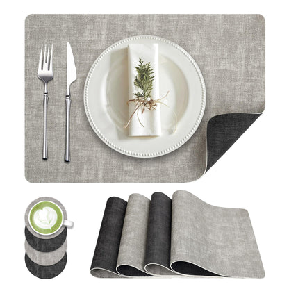 Fyvva Placemats Set of 4, 13" Round Reversible Faux Leather with Coasters