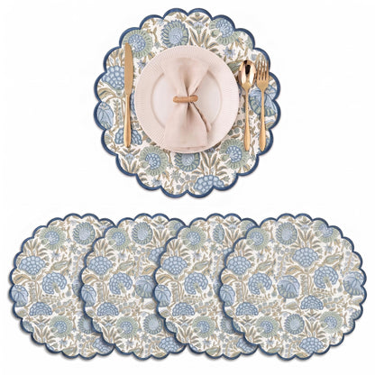Ridhi Floral Block Print Round Placemats 15 Inch, Set of 4, Assorted Design