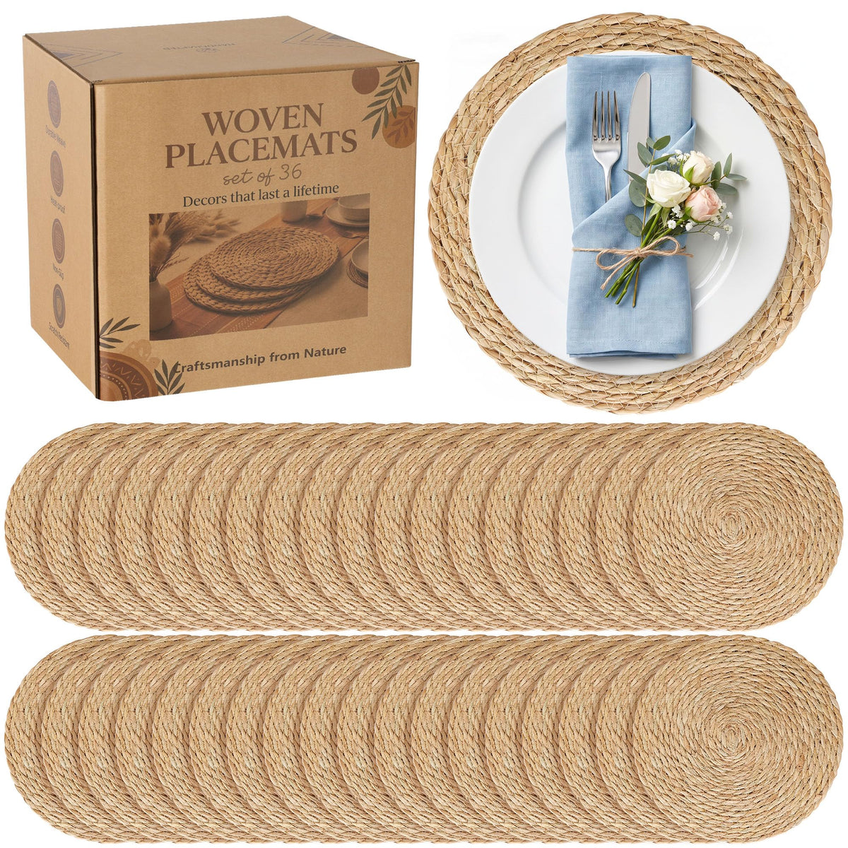 24 Pack 13.8IN Round Woven Placemats, Natural Bulrush Boho Farmhouse Mats