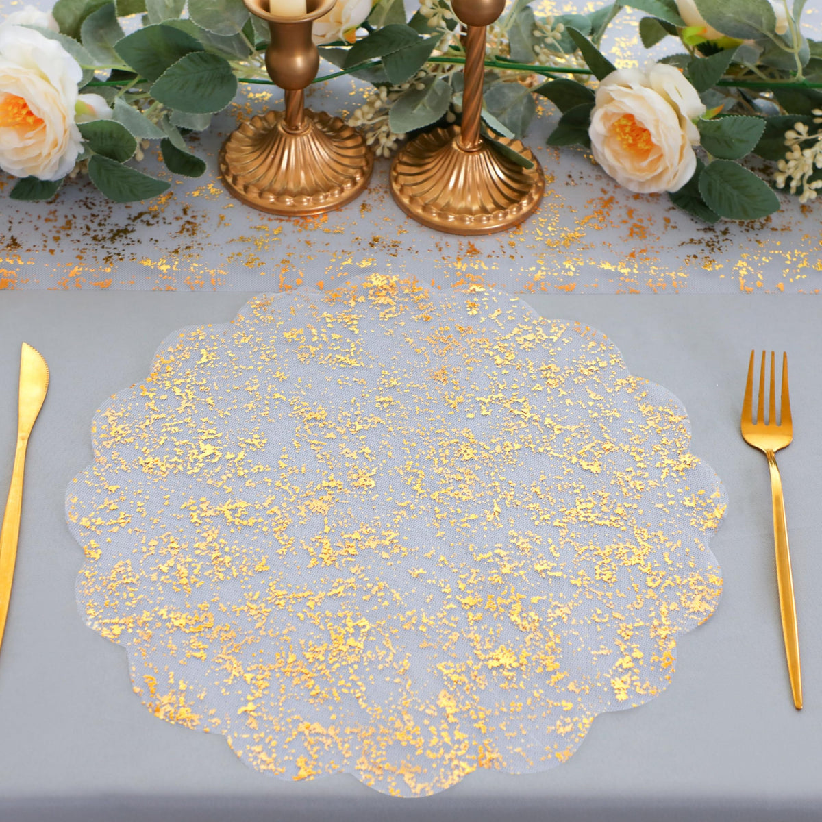 Snowkingdom 100 Pack Gold Disposable Placemats Foil Mesh 13 Inch Round Pressed Fall Table Mates 100 Set of Gold Doilies for Dining Table Wedding Birthday Party Holiday Home Decoration