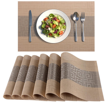 Timeet Placemats Set of 6, Heat Resistant Non-Slip Place Mats for Dining Table, Durable Washable PVC Vinyl Woven Table Mats, Resistant Kitchen Placemats Easy to Clean(Beige & Gray