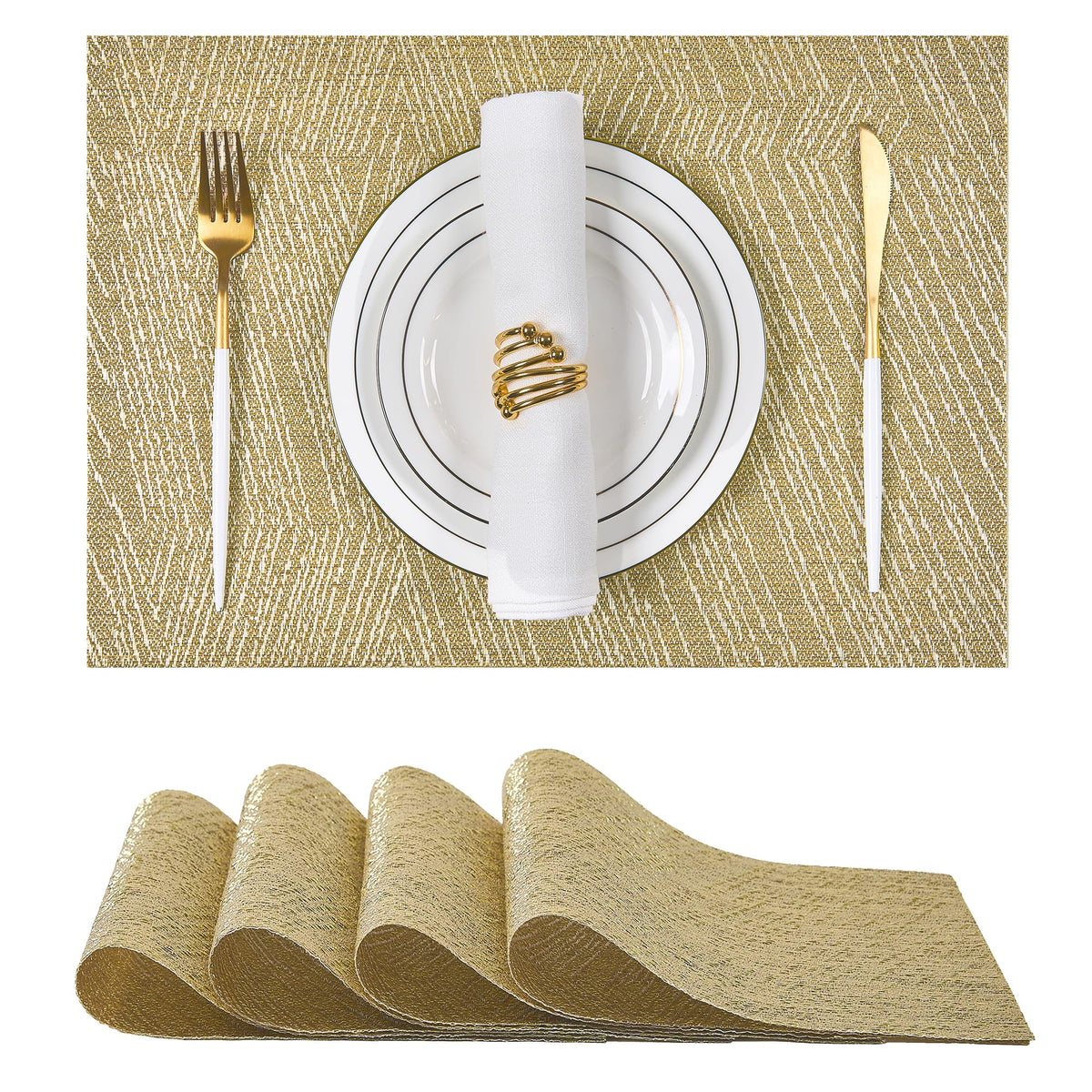 Woven Vinyl Beige Placemats Set of 12, Linen Look & Easy to Clean