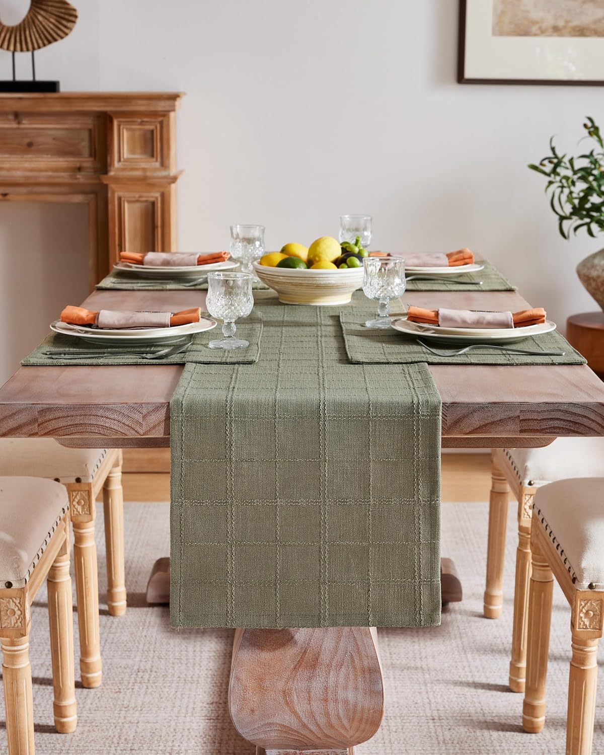 ZeeMart Linen Checked Farmhouse Placemats Set of 6, Olive 13x19in