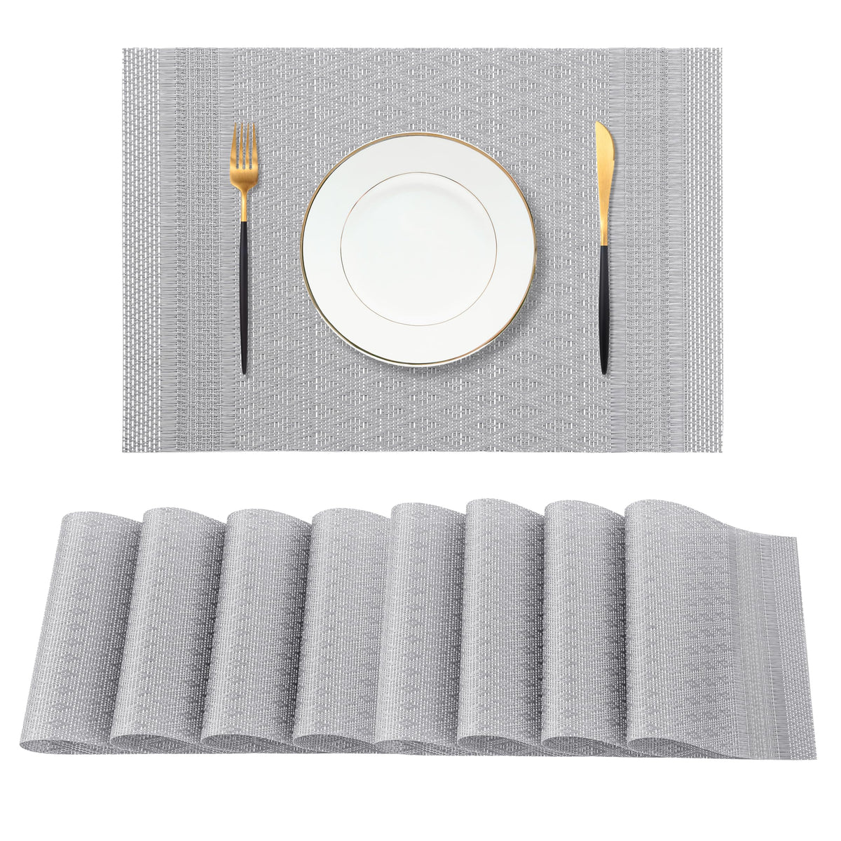 Beige Placemats Set of 8 - Heat-Resistant, Non-Slip Table Mats, Washable Woven Vinyl for Indoor & Outdoor Dining