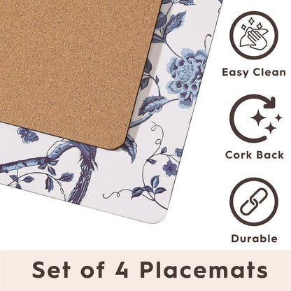 Laura Ashley Cork Placemats, 16 x 12-inch, Set of 4, Summer Palace Blue